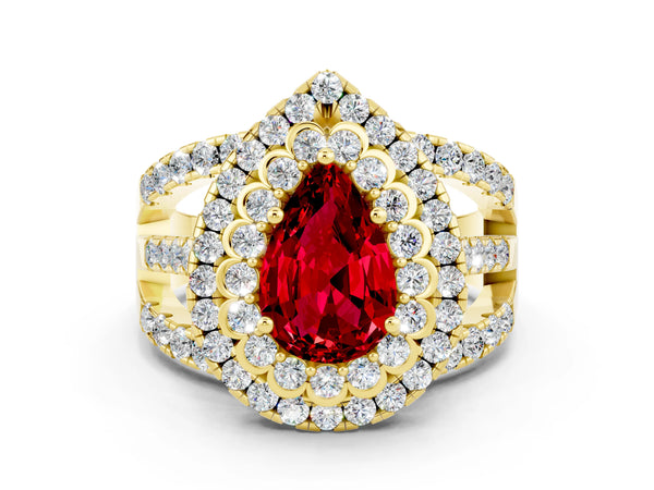 Yellow gold Double Halo Pear Cut Diamond Split Shank Pave Set Ring