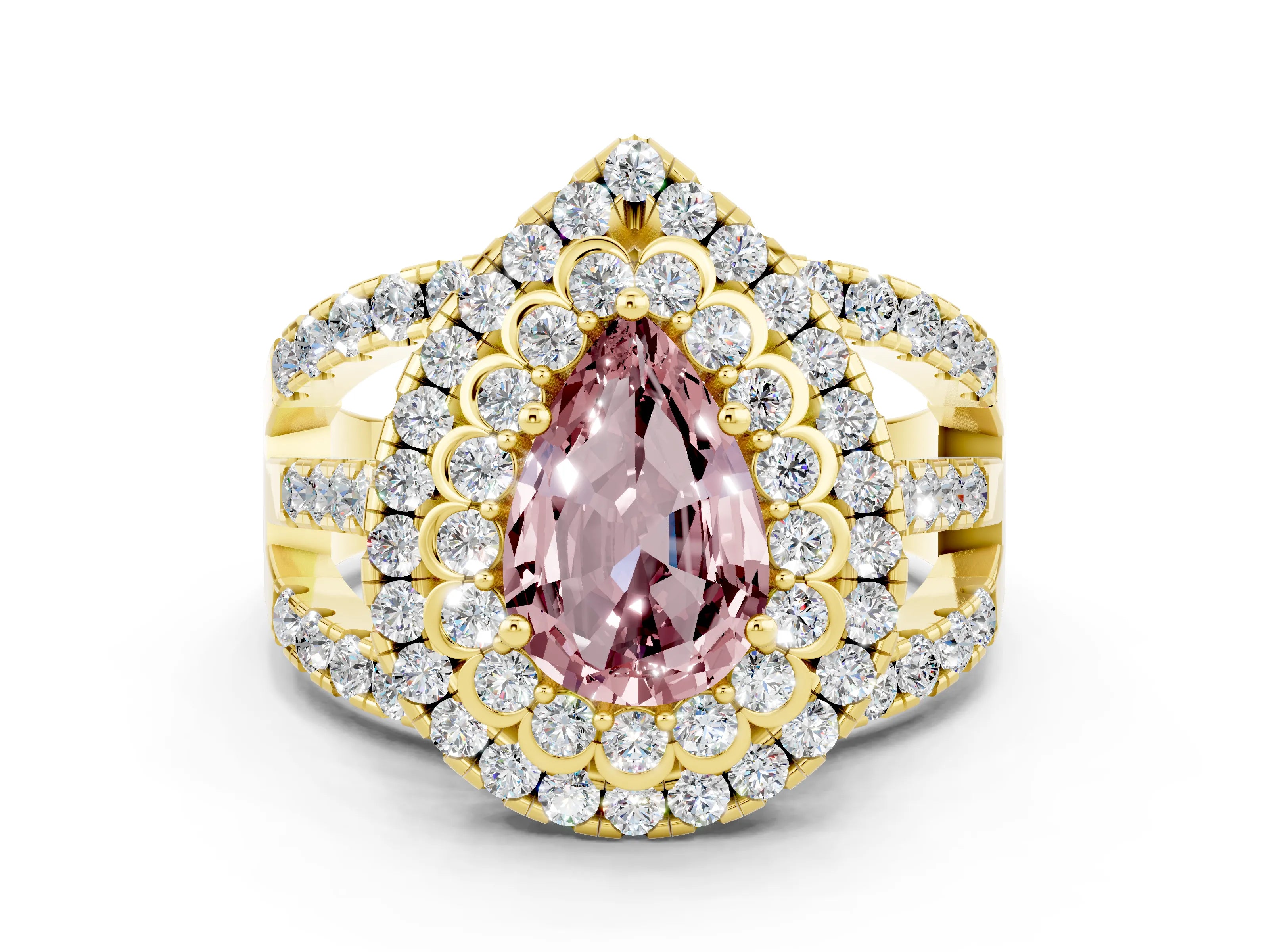 Yellow gold Double Halo Pear Cut Diamond Split Shank Pave Set Ring