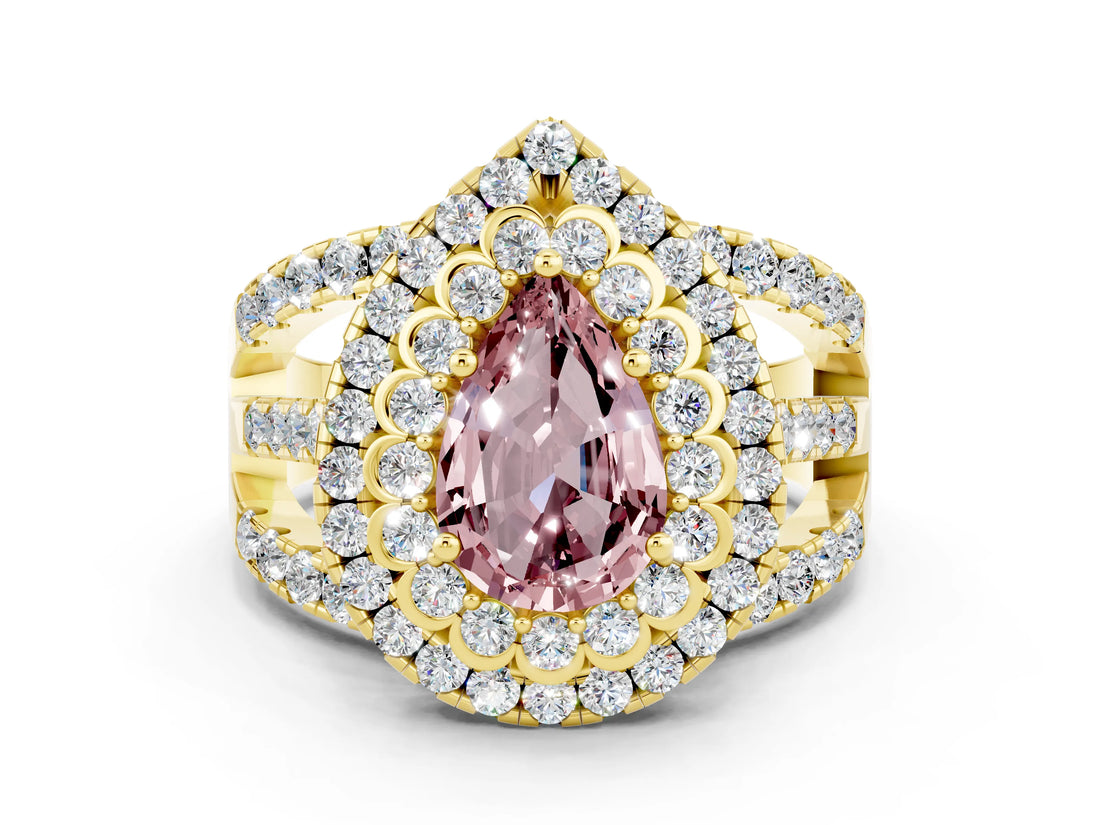 Yellow gold Double Halo Pear Cut Diamond Split Shank Pave Set Ring