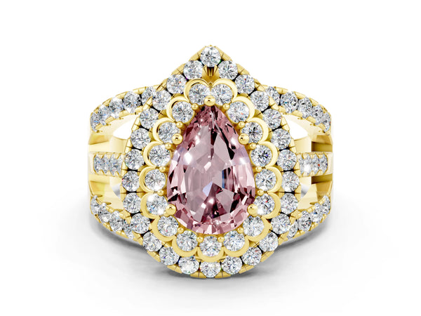 Yellow gold Double Halo Pear Cut Diamond Split Shank Pave Set Ring