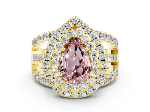 Yellow gold Double Halo Pear Cut Diamond Split Shank Pave Set Ring