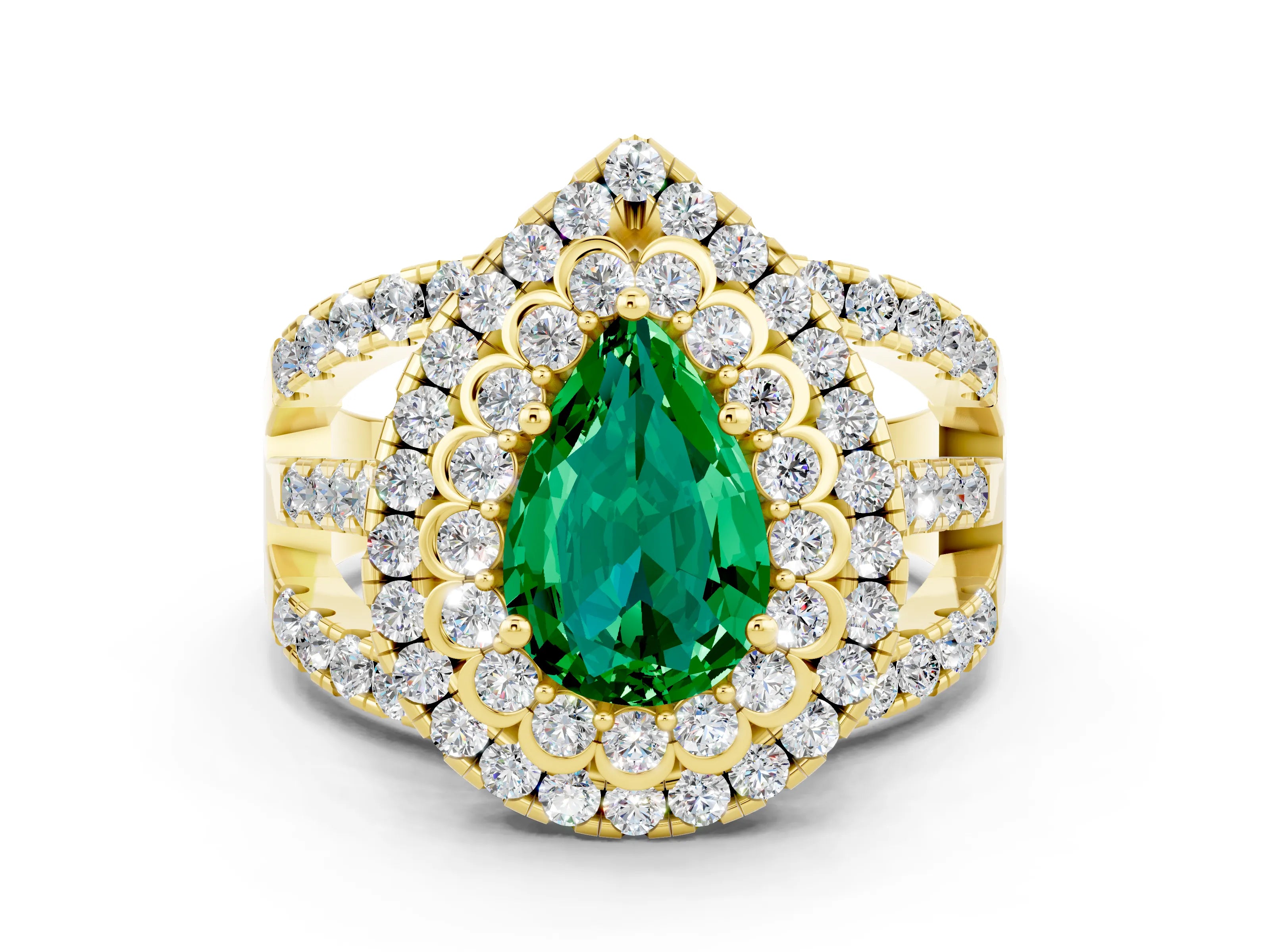 Yellow gold Double Halo Pear Cut Diamond Split Shank Pave Set Ring