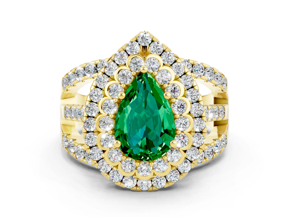 Yellow gold Double Halo Pear Cut Diamond Split Shank Pave Set Ring