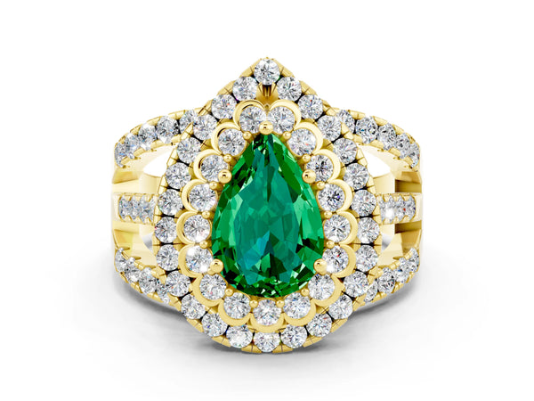 Yellow gold Pear Cut Emerald Double Halo Ring with Round Pavé Split Shank and Prong Setting