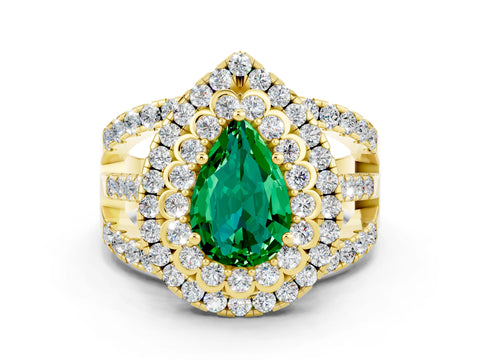 Yellow gold Double Halo Pear Cut Diamond Split Shank Pave Set Ring