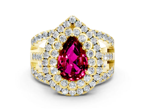 Yellow gold Double Halo Pear Cut Diamond Split Shank Pave Set Ring