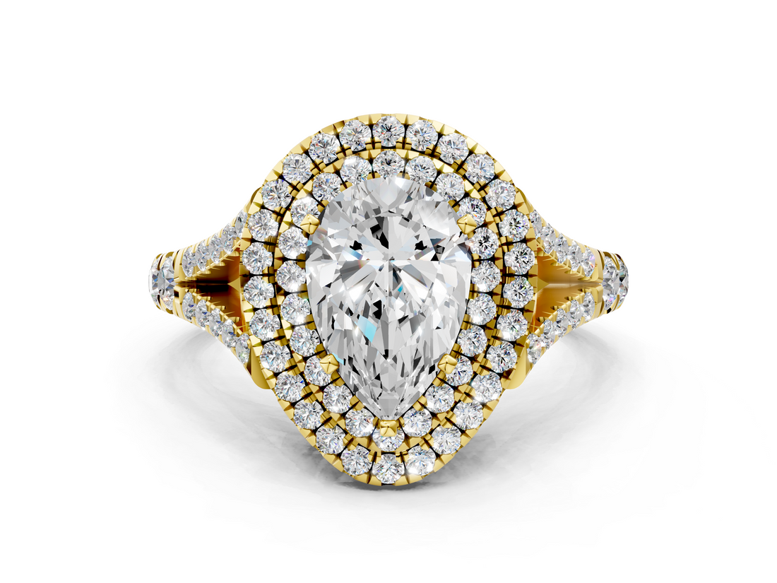 Yellow gold Double Halo Pear Cut Diamond Split Shank Ring with Four Prong Setting_34