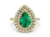 Yellow gold Double Halo Pear Cut Emerald Pavé Band with Four-Prong Setting