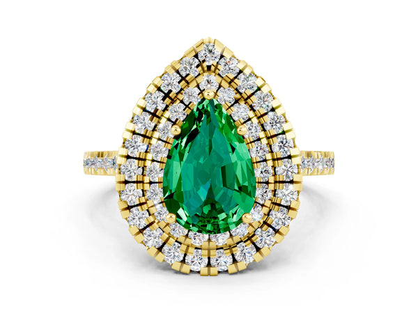 Yellow gold Double Halo Pear Cut Emerald Pavé Band with Four-Prong Setting