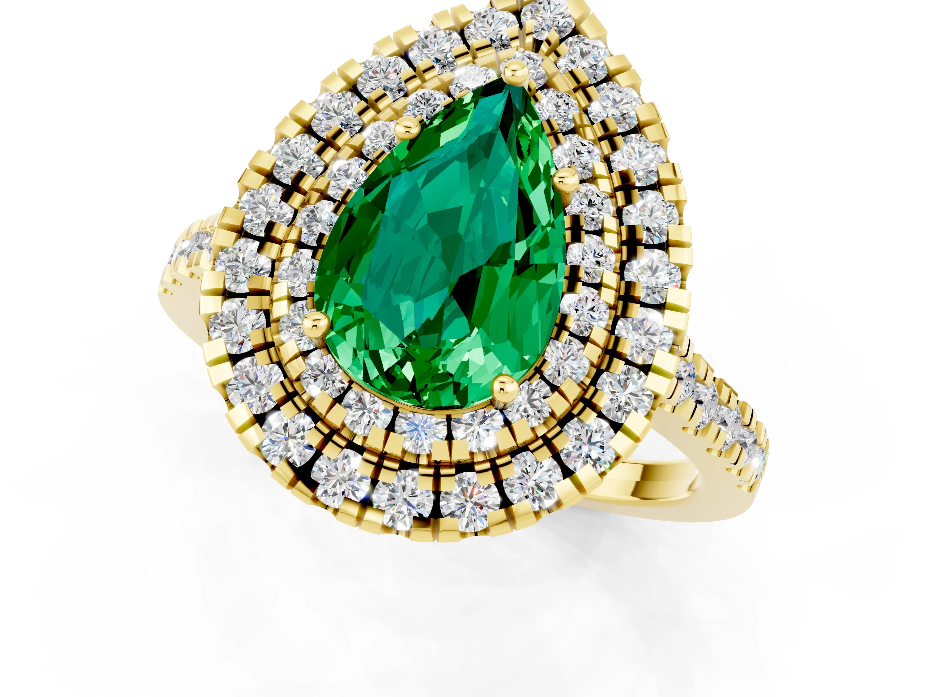 Yellow gold Double Halo Pear Cut Emerald Pavé Band with Four-Prong Setting_1