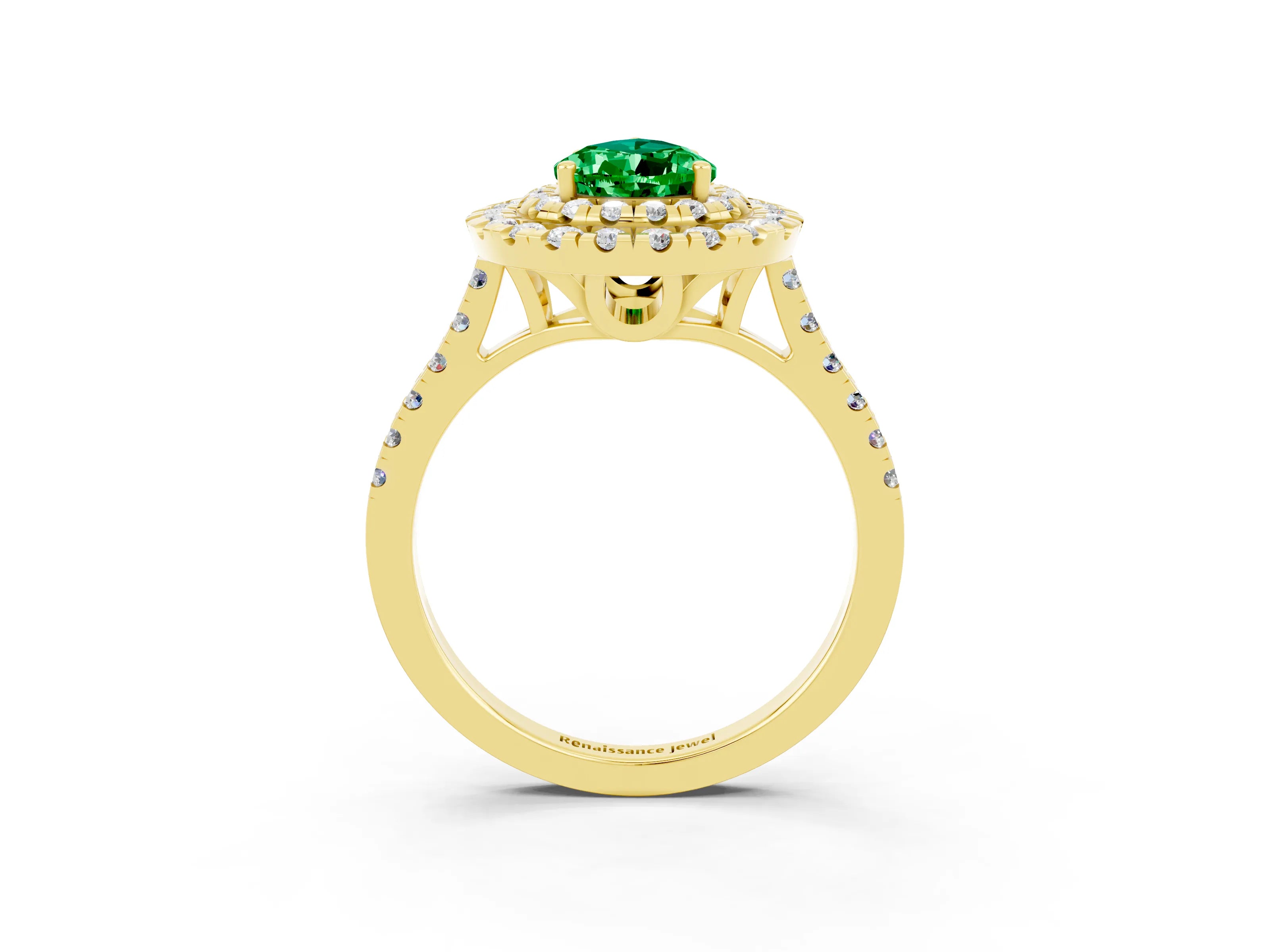Yellow gold Double Halo Pear Cut Emerald Pavé Band with Four-Prong Setting_3