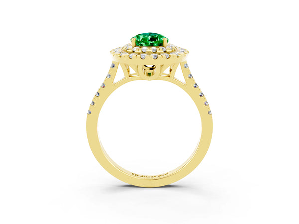 Yellow gold Double Halo Pear Cut Emerald Pavé Band with Four-Prong Setting
