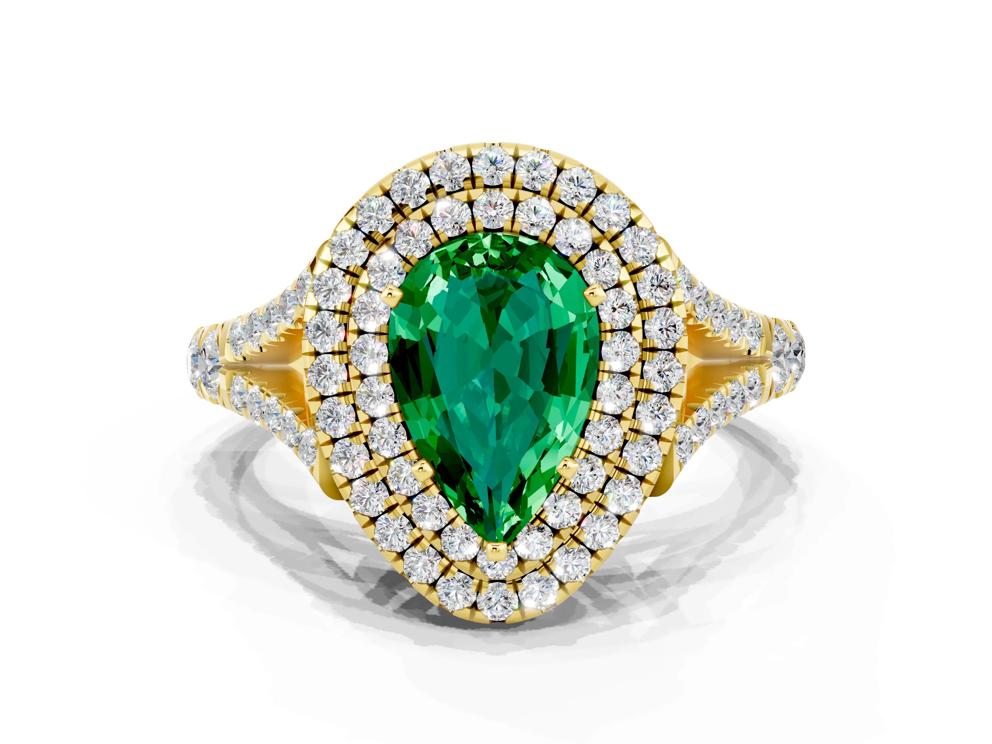 Yellow gold Double Halo Pear Cut Emerald Pavé Split Shank Ring with Prong Setting