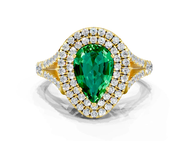 Yellow gold Double Halo Pear Cut Emerald Pavé Split Shank Ring with Prong Setting