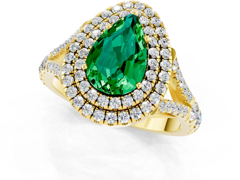 Yellow gold Double Halo Pear Cut Emerald Pavé Split Shank Ring with Prong Setting_1