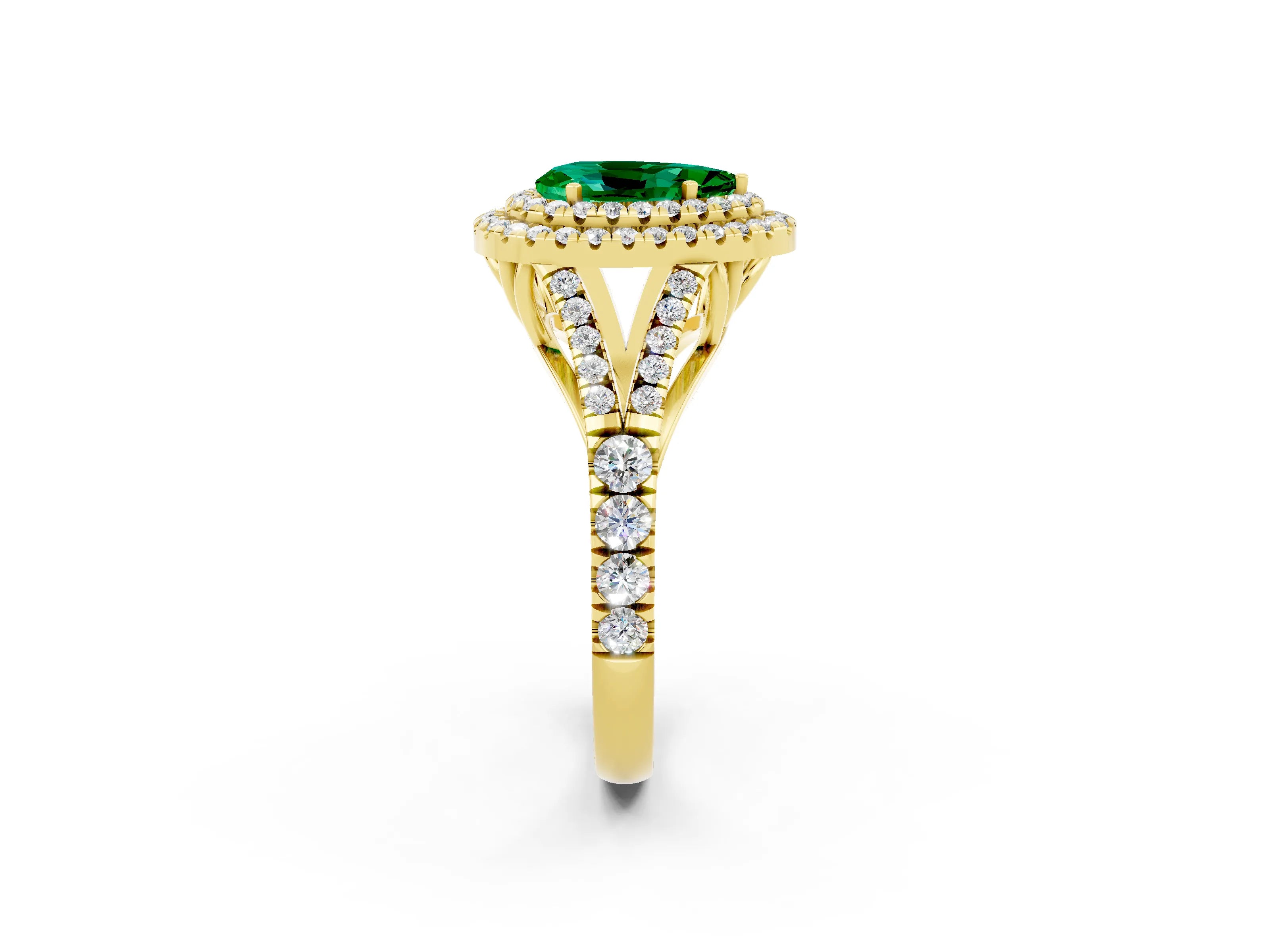 Yellow gold Double Halo Pear Cut Emerald Pavé Split Shank Ring with Prong Setting_2