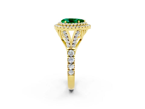 Yellow gold Double Halo Pear Cut Emerald Pavé Split Shank Ring with Prong Setting_2