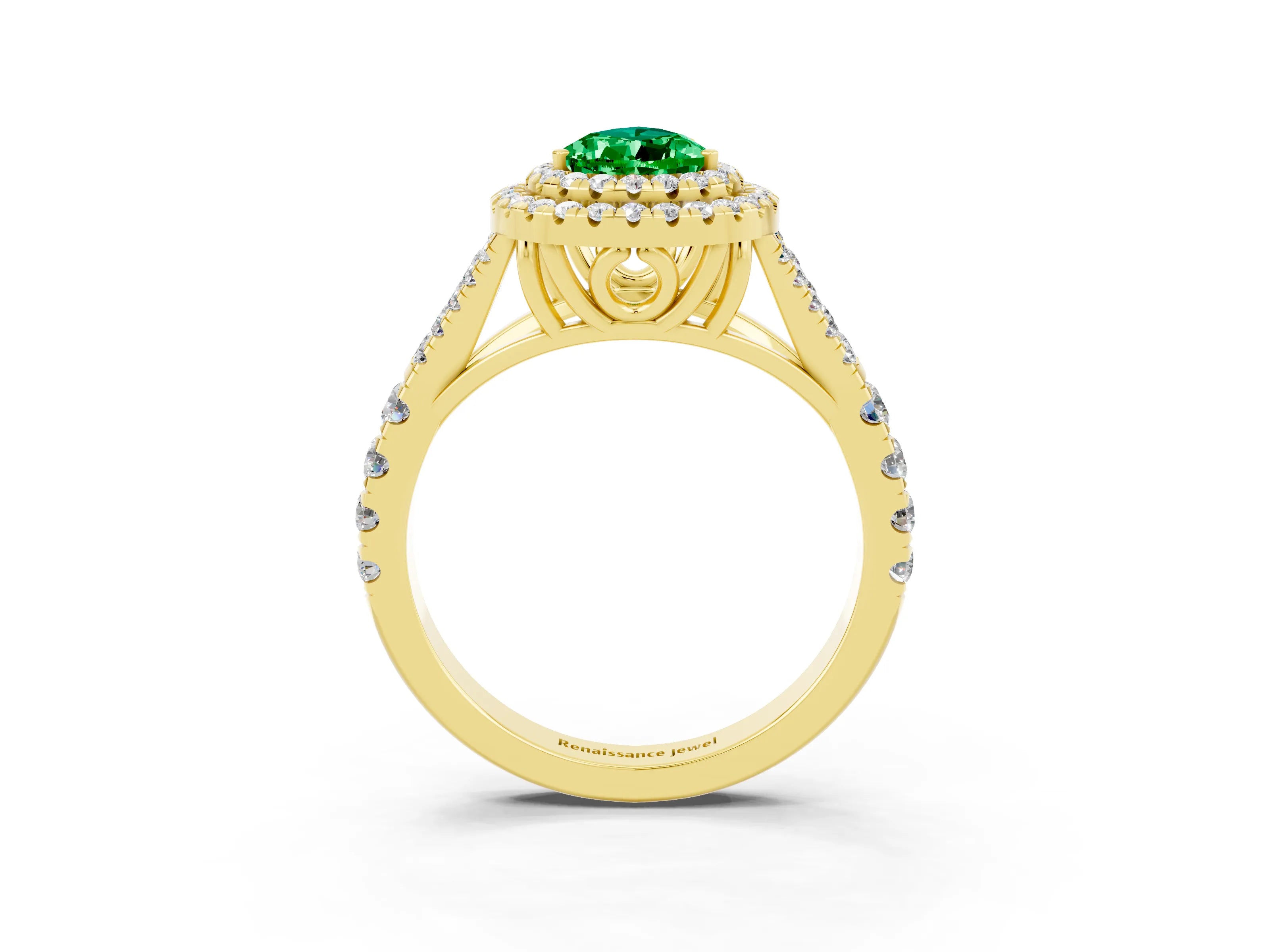 Yellow gold Double Halo Pear Cut Emerald Pavé Split Shank Ring with Prong Setting_3