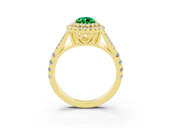 Yellow gold Double Halo Pear Cut Emerald Pavé Split Shank Ring with Prong Setting