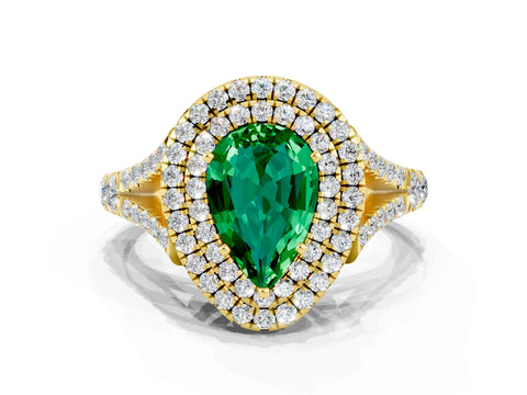 Yellow gold Double Halo Pear Cut Emerald Pavé Split Shank Ring with Prong Setting