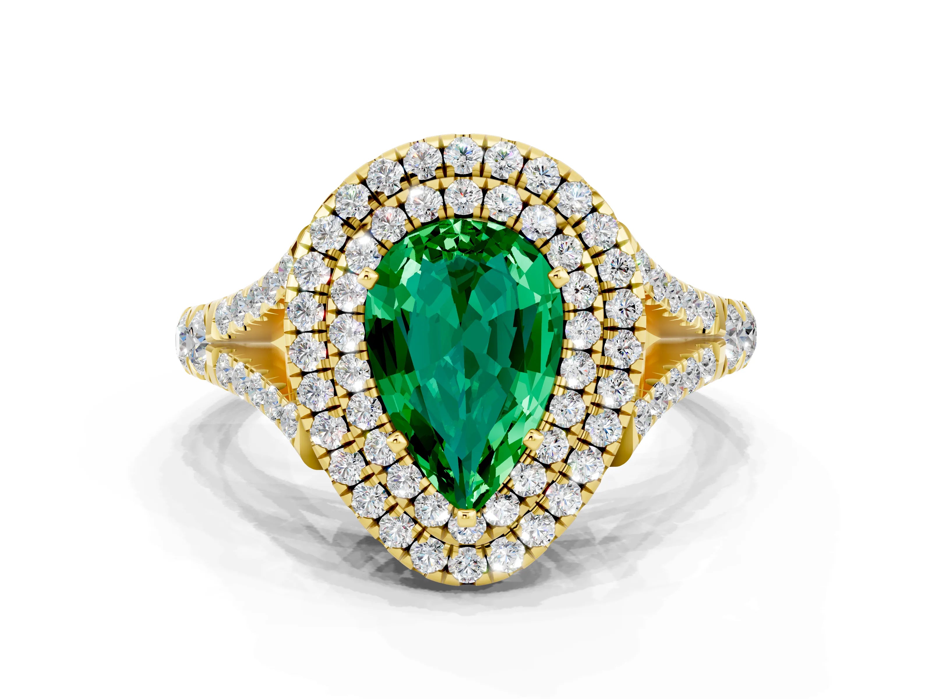 Yellow gold Double Halo Pear Cut Emerald Split Shank Engagement Ring with Four-Prong Setting