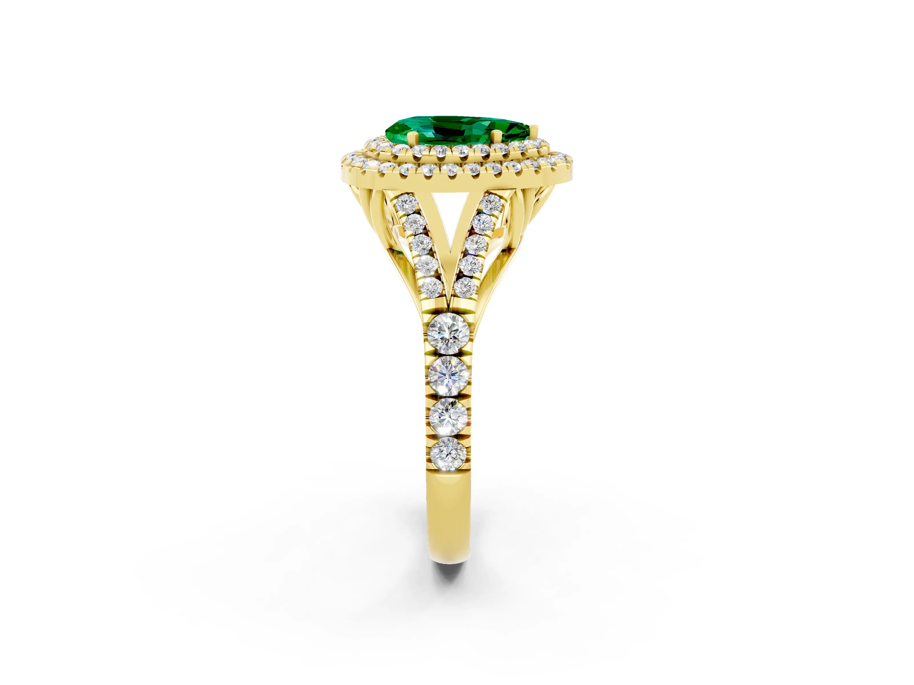 Yellow gold Double Halo Pear Cut Emerald Split Shank Engagement Ring with Four-Prong Setting_2