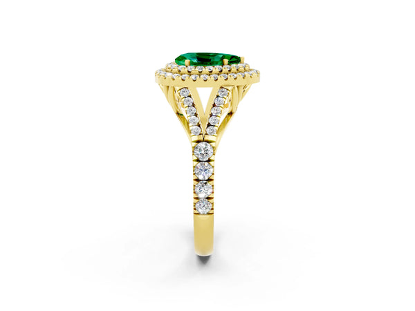 Yellow gold Double Halo Pear Cut Emerald Split Shank Engagement Ring with Four-Prong Setting