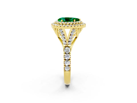 Yellow gold Double Halo Pear Cut Emerald Split Shank Engagement Ring with Four-Prong Setting_2