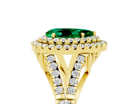 Yellow gold Double Halo Pear Cut Emerald Split Shank Engagement Ring with Four-Prong Setting_5