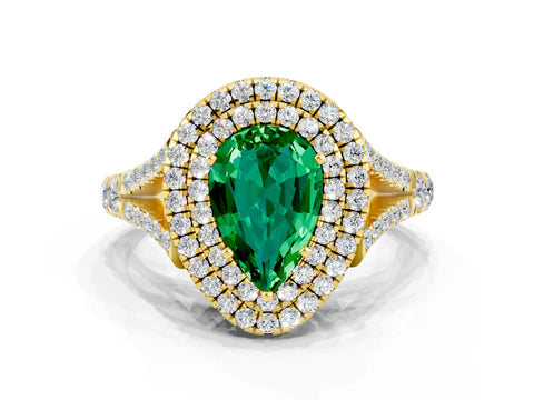Yellow gold Double Halo Pear Cut Emerald Split Shank Engagement Ring with Four-Prong Setting