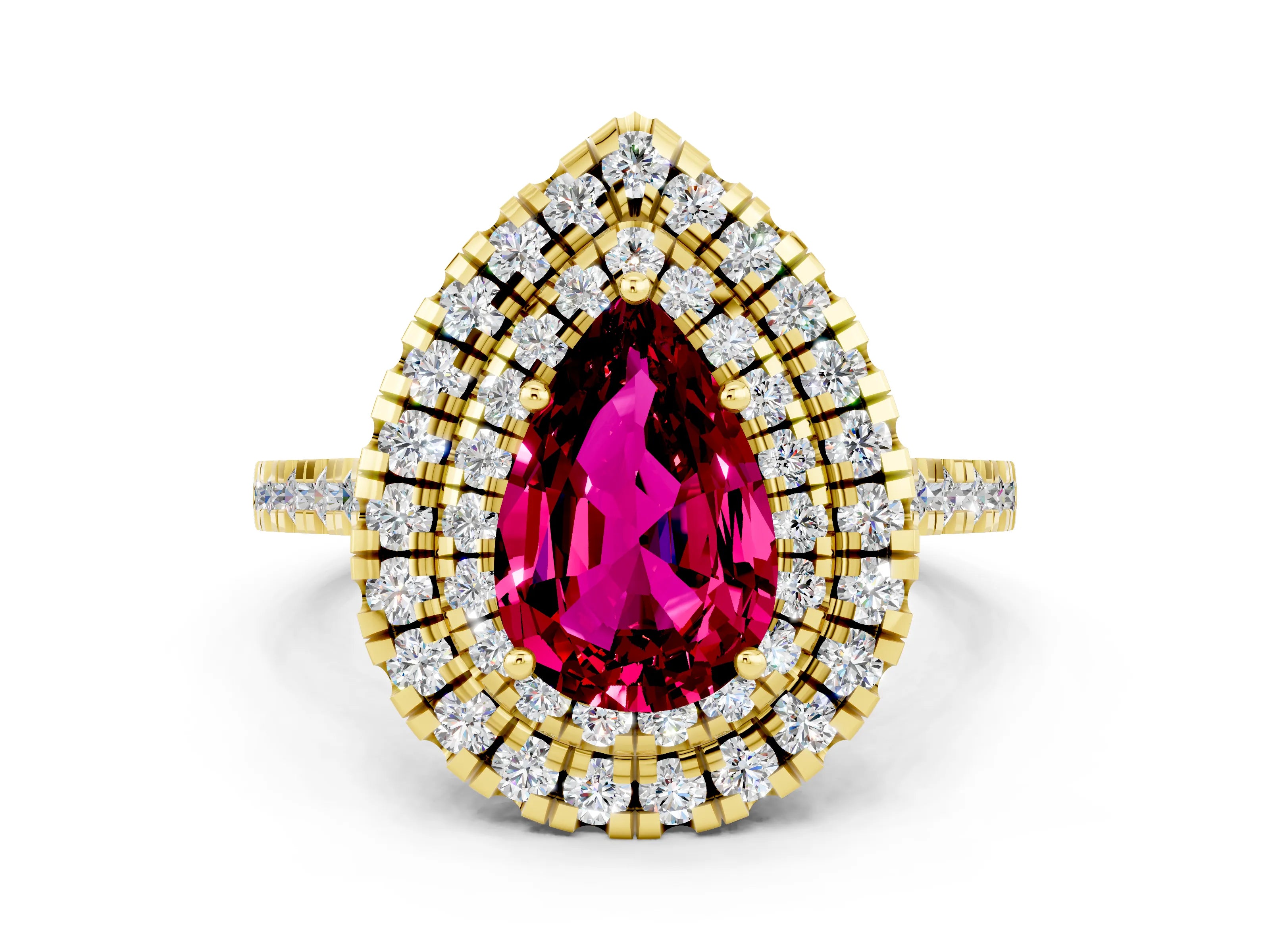 Yellow gold Double Halo Pear Cut Garnet Pavé Band with Four-Prong Setting