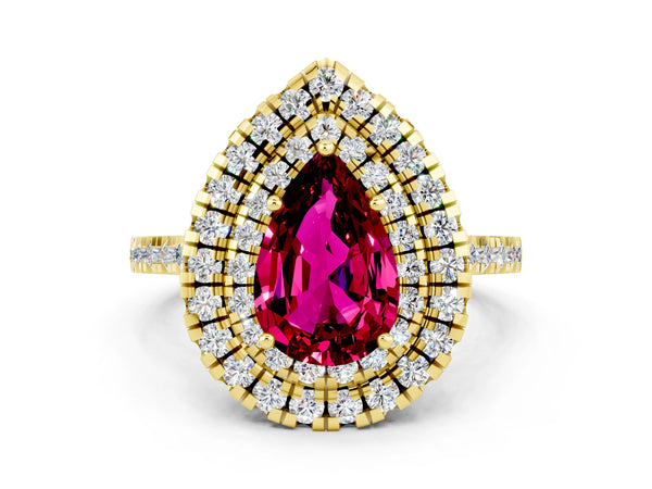 Yellow gold Double Halo Pear Cut Garnet Pavé Band with Four-Prong Setting
