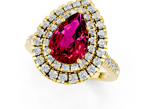 Yellow gold Double Halo Pear Cut Garnet Pavé Band with Four-Prong Setting_1