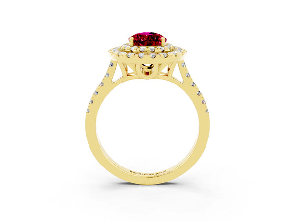 Yellow gold Double Halo Pear Cut Garnet Pavé Band with Four-Prong Setting