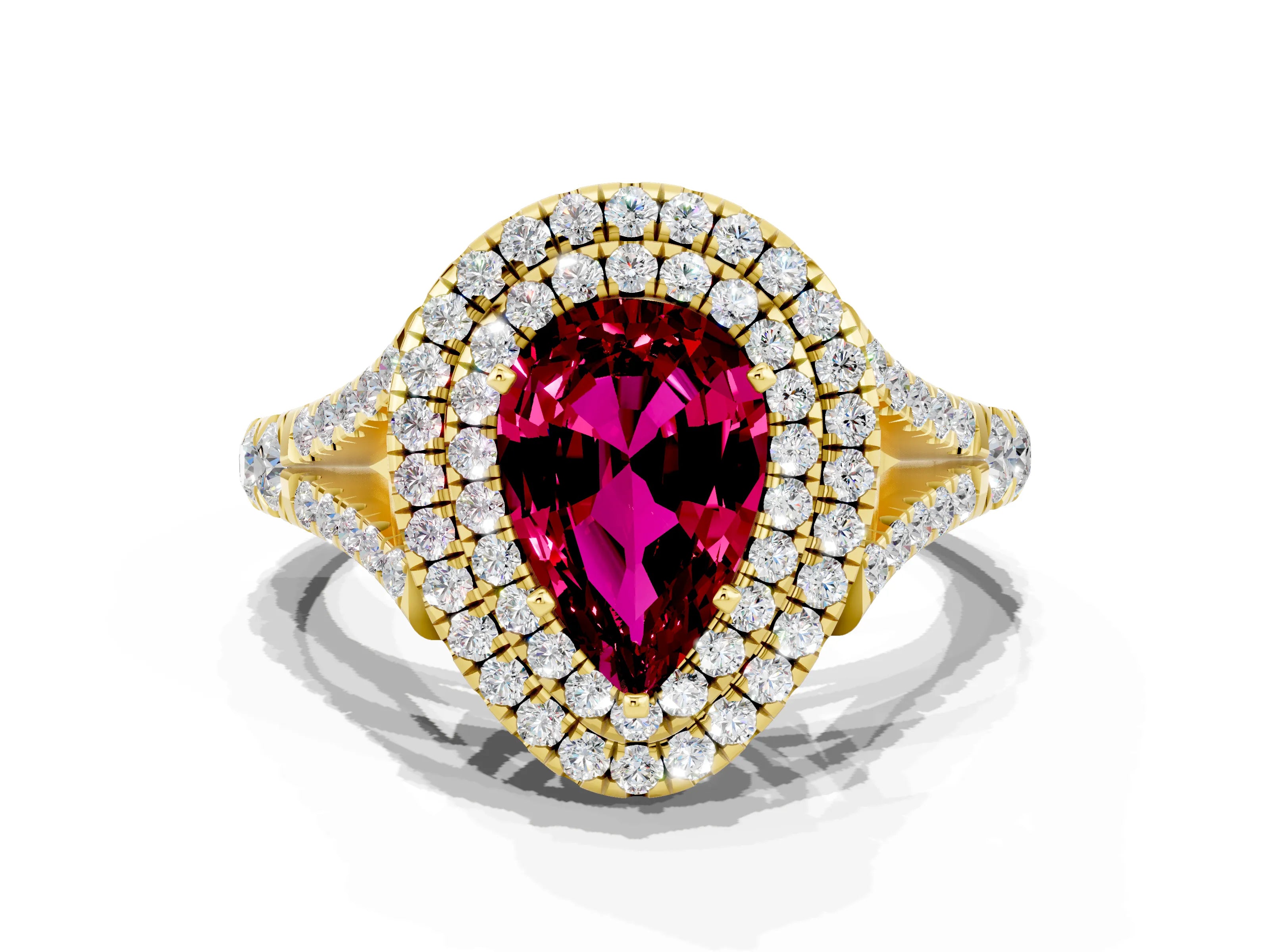 Yellow gold Double Halo Pear Cut Garnet Pavé Split Shank Ring with Prong Setting