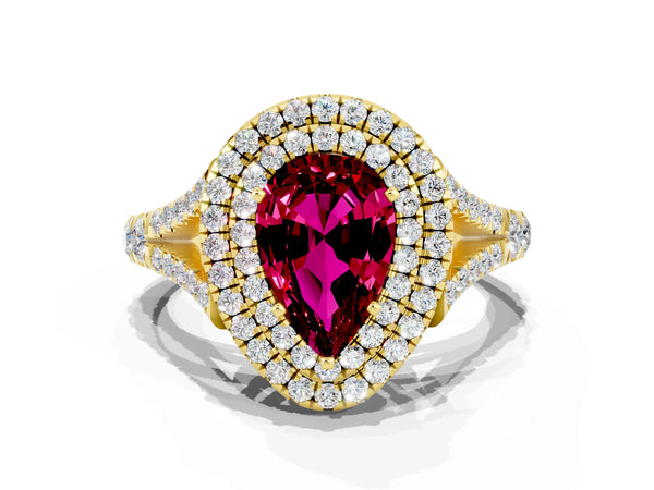 Yellow gold Double Halo Pear Cut Garnet Pavé Split Shank Ring with Prong Setting