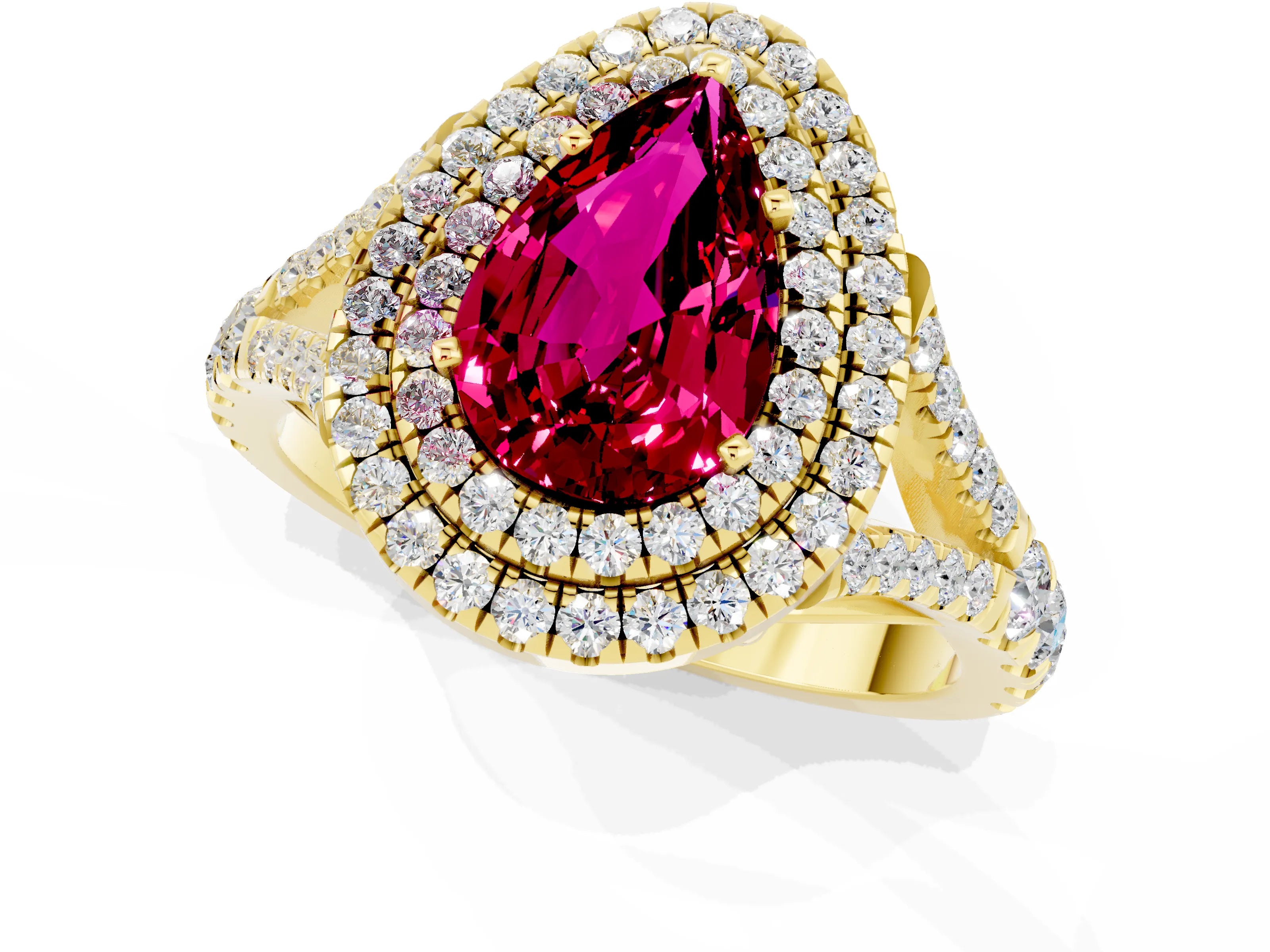 Yellow gold Double Halo Pear Cut Garnet Pavé Split Shank Ring with Prong Setting_1