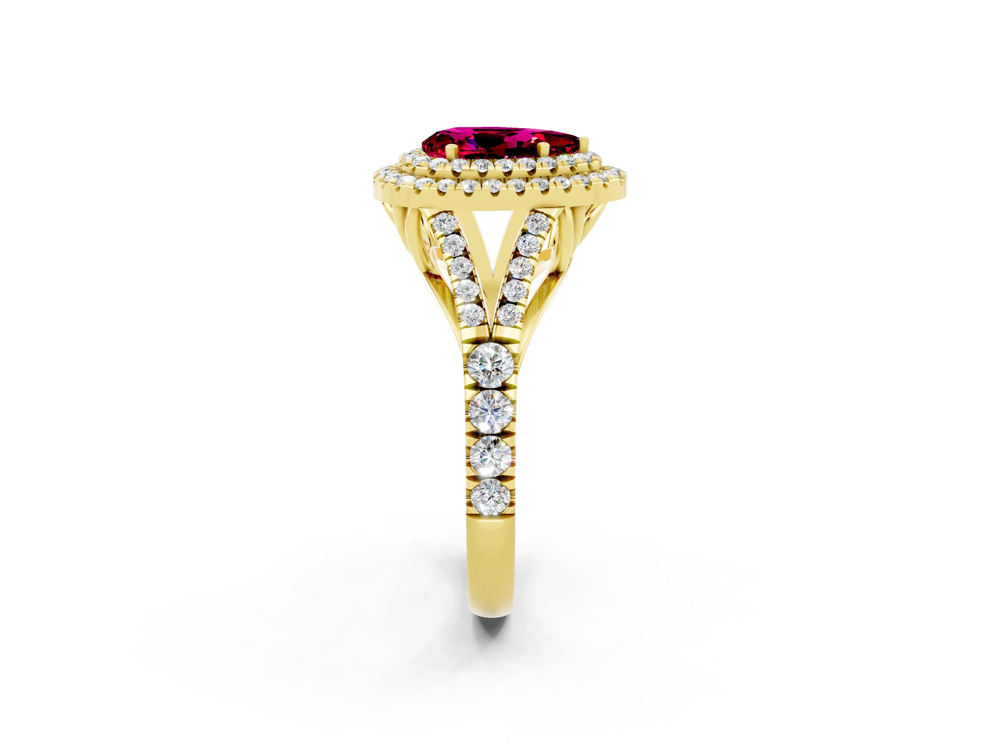 Yellow gold Double Halo Pear Cut Garnet Pavé Split Shank Ring with Prong Setting_2