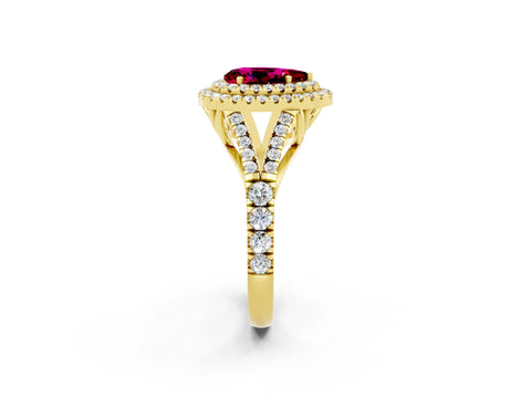 Yellow gold Double Halo Pear Cut Garnet Pavé Split Shank Ring with Prong Setting_2