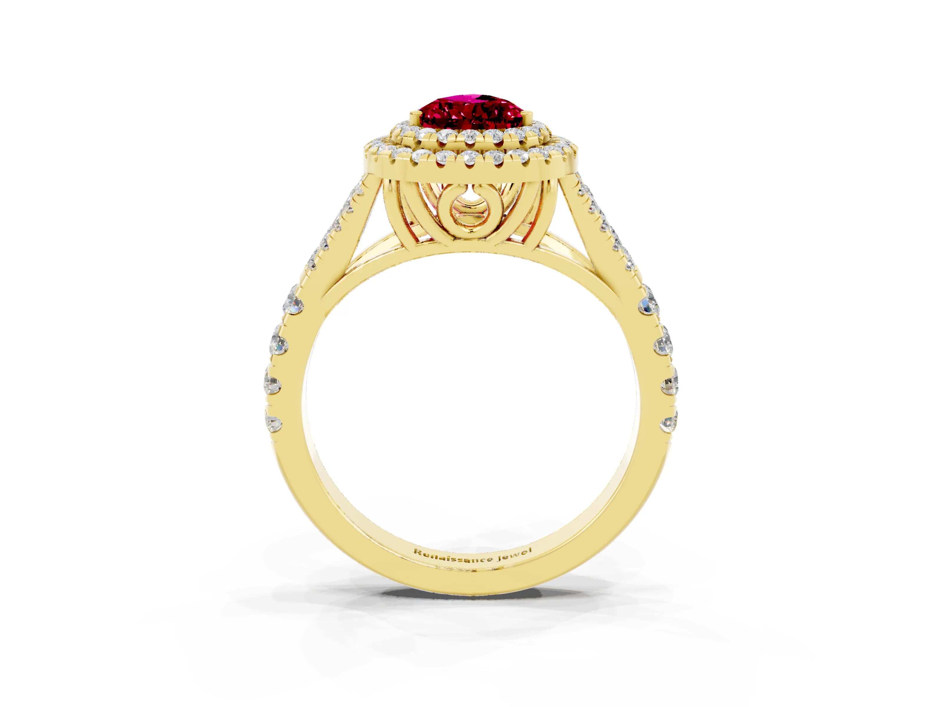 Yellow gold Double Halo Pear Cut Garnet Pavé Split Shank Ring with Prong Setting_3