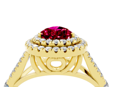Yellow gold Double Halo Pear Cut Garnet Pavé Split Shank Ring with Prong Setting_4