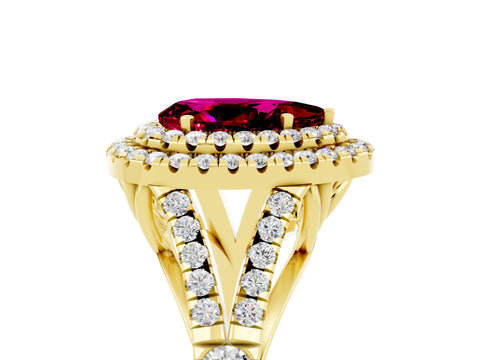 Yellow gold Double Halo Pear Cut Garnet Pavé Split Shank Ring with Prong Setting_5