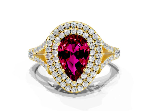 Yellow gold Double Halo Pear Cut Garnet Pavé Split Shank Ring with Prong Setting