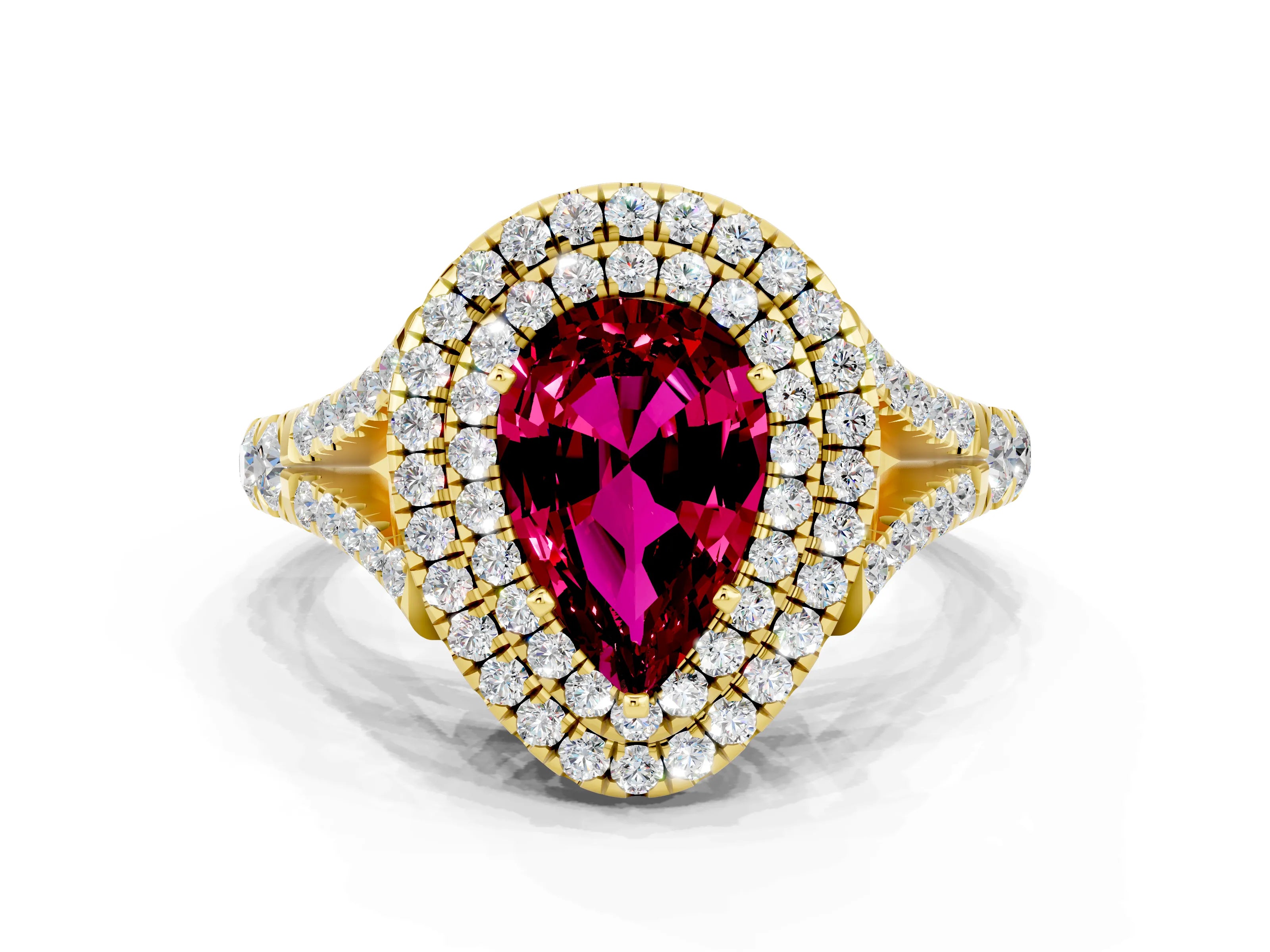 Yellow gold Double Halo Pear Cut Garnet Split Shank Engagement Ring with Four-Prong Setting
