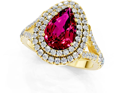 Yellow gold Double Halo Pear Cut Garnet Split Shank Engagement Ring with Four-Prong Setting_1