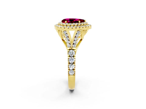 Yellow gold Double Halo Pear Cut Garnet Split Shank Engagement Ring with Four-Prong Setting_2
