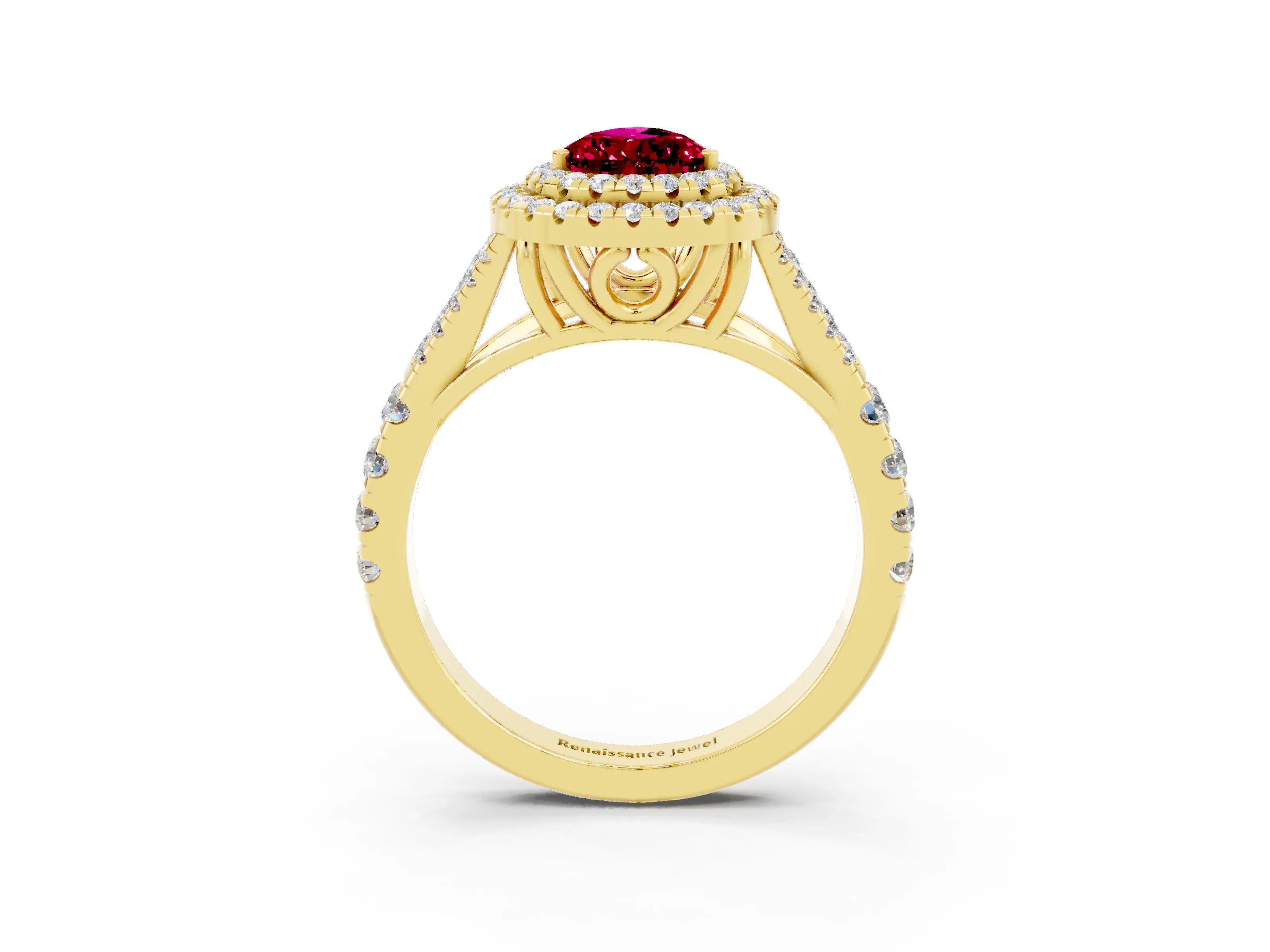 Yellow gold Double Halo Pear Cut Garnet Split Shank Engagement Ring with Four-Prong Setting_3