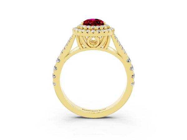 Yellow gold Double Halo Pear Cut Garnet Split Shank Engagement Ring with Four-Prong Setting