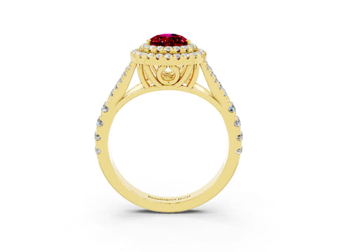 Yellow gold Double Halo Pear Cut Garnet Split Shank Engagement Ring with Four-Prong Setting_3