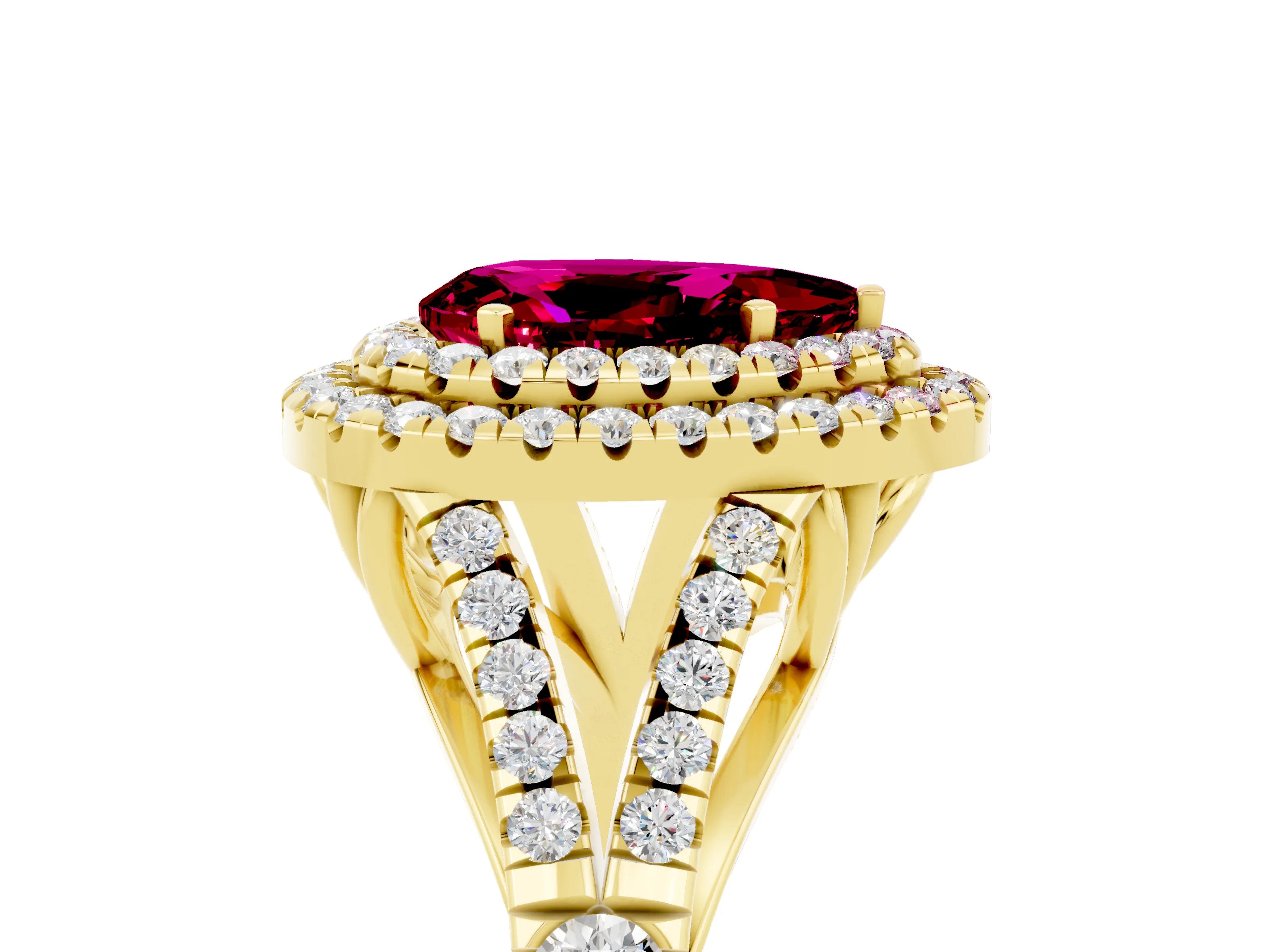 Yellow gold Double Halo Pear Cut Garnet Split Shank Engagement Ring with Four-Prong Setting_5